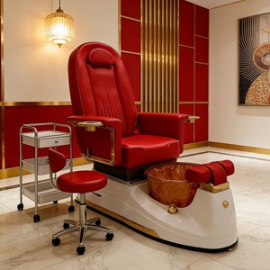 Sillón de Pedicura Rojo de Lujo con Bañera para Pies, Sillón de Salón para Uñas con Detalles Dorados, Taburete y Carrito - Product Image 1