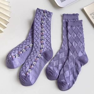 ถุงเท้าลายดอกไม้สีม่วงสไตล์วินเทจญี่ปุ่นสำหรับผู้หญิง สีม่วงทาโร่ ถุงเท้ายาวระดับกลางน่อง เหมาะสำหรับชุดฤดูใบไม้ผลิและฤดูร้อน - Product Image 3