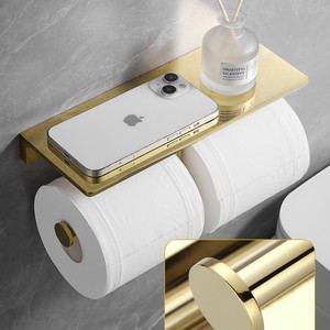 Support mural pour téléphone portable et rouleau de papier toilette en cuivre plaqué or, étagère de salle de bain avec double rangement pour rouleaux - Product Image 3