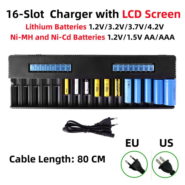 HWD 16-Slot LCD Screen LED Illumination Multifunctional Battery Charger for Camera Li-ion 21700 18650 16340 14500 Ni-MH Ni-Cd