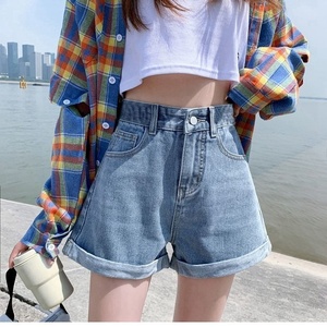 Shorts in denim da donna estivi a vita alta, in cotone blu, a gamba larga, mini <span class=keywords><strong>pantaloncini</strong></span> da ragazza/studentessa, stile coreano, alla moda - Product Image 2