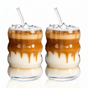 波型のバブル飲料グラス、ストロー付き、350ml ヴィンテージガラスカップ、美しいアイスコーヒーグラス、リップルガラス製品 - Product Image 1