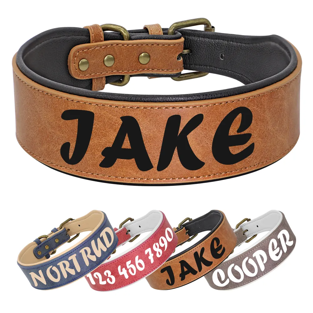 Personalized Leather Dog Collar Necklace Wide Padded Pet ID Collars Print Dogs Name Collars For Medium Large Dogs Bulldog