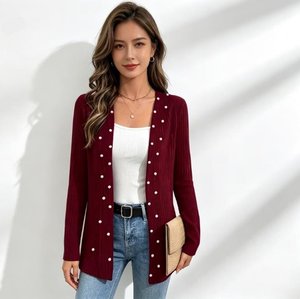 Neue Elegante Einfarbige Strickjacke für Damen Modische Oberbekleidung Vielseitige Langarm-Perlen-Verzierte Offene Strickjacke - Product Image 1