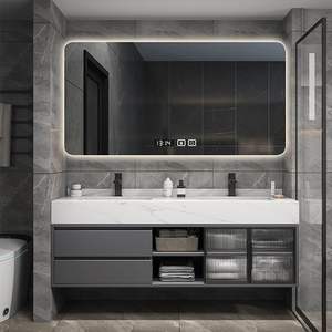 Meuble-lavabo double vasque intelligent de luxe noir avec éclairage LED monochrome, miroir nid d'abeille, panneau en mélamine et finition laquée murale - Product Image 4