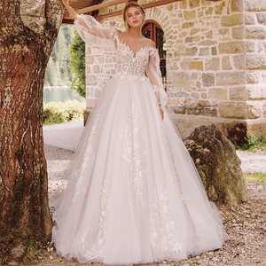 Vestidos de Novia con Escote Ilusión, Mangas Farol Completas, Corte en A, Apliques de Lentejuelas, Gran Oferta, Vestidos de Novia Largos Hasta el Suelo - Product Image 1