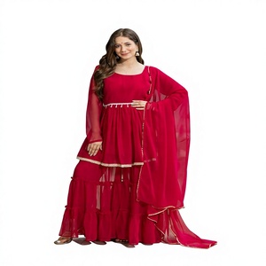 Women's Ethnic Georgette Anarkali Kurta Set with Dupatta Heavy Embroidered Long Sleeve V Neck <b>Ankle</b> Length Dress for Wedding - Product Image 1