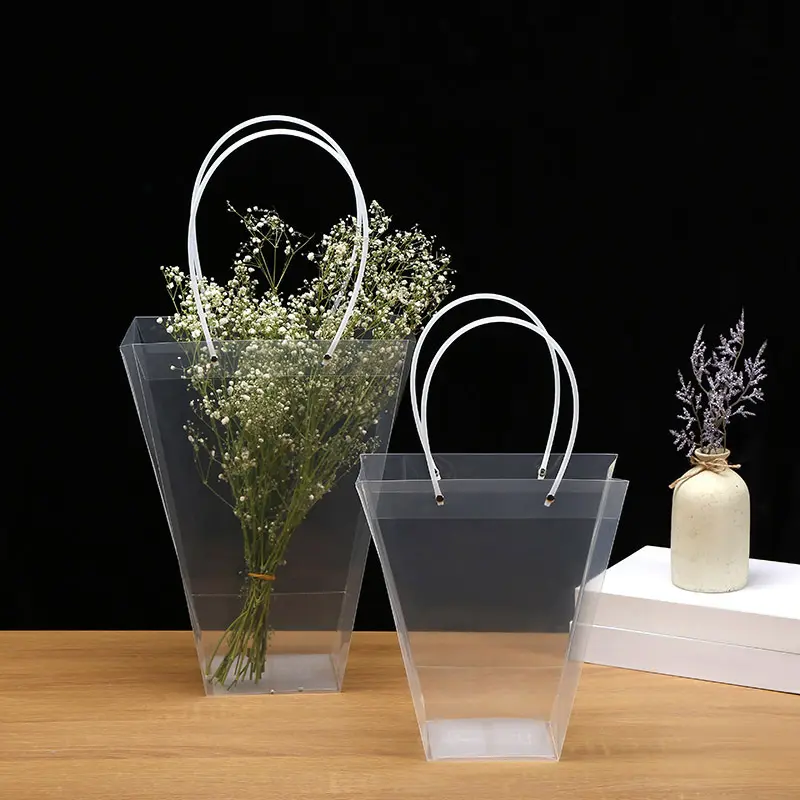 사다리꼴 방수 투명 플라스틱 PP 토트 꽃 선물 가방 쇼핑 포장