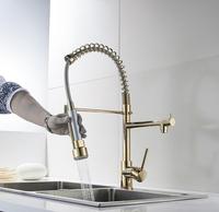 Robinet de cuisine moderne en laiton doré à poignée unique, sans plomb, avec bec de pré-évier à ressort, installation monotrou, pour usage hôtelier, garantie 3 ans