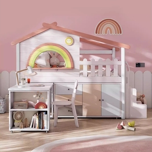 Cama Infantil <span class=keywords><strong>de</strong></span> <span class=keywords><strong>Madera</strong></span> Multifuncional con Diseño <span class=keywords><strong>de</strong></span> Casa <span class=keywords><strong>de</strong></span> Árbol Arcoíris, Combinación <span class=keywords><strong>de</strong></span> Almacenamiento, Altura Media, para Niños y Niñas - Product Image 1