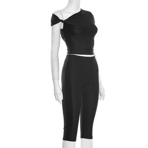 Viviblook J25ST489 Women Casual Set Twisted Off Shoulder Pullover Crop <b>Top</b> High Waist Cropped Pants Two Pieces Set - Product Image 4