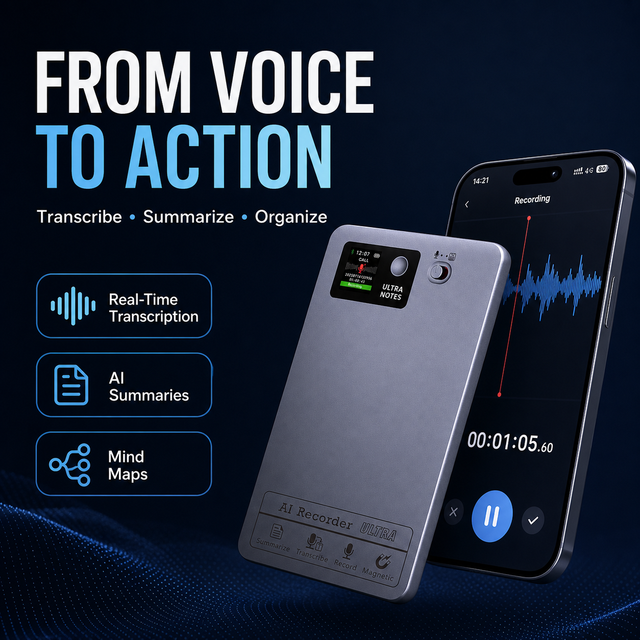 AI Voice Recorder Ultra-Thin Magnetic Digital Dictaphone 118 Languages Real-Time Transcription/Translation App USB Recording.