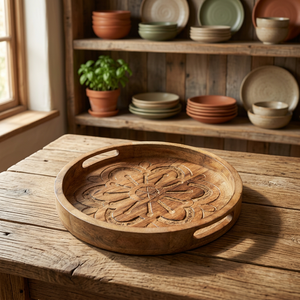 Handmade Round Wooden Tray With Floral Carving Rustic Decorative Serving Dish Single-Piece Package - Product Image 3