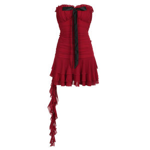 Robe trapèze sans bretelles, silhouette flatteuse, rouge vintage, en spandex/polyester, détail nœud exclusif, respirante et lavable - Product Image 5