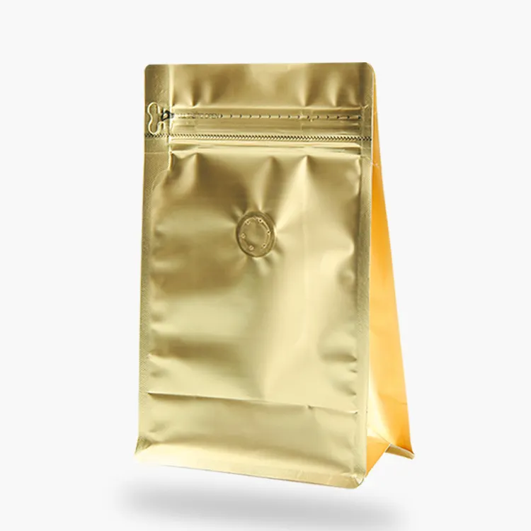 Popular Design Gold Color Laminating Plastic 5oz, 8oz, 16oz Flat Bottom Zip Lock Coffee Packaging Bag