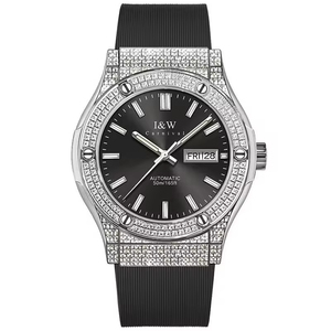 Montre mécanique automatique incrustée de strass, boîtier en acier inoxydable, aiguilles en caoutchouc, étanche 50m - Product Image 1