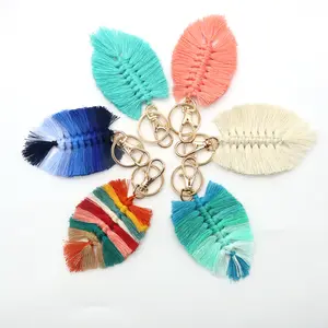 Стильные градиентные цветные брелки для ключей в форме листа, индивидуальный цвет и размер, 100% ручная работа, хлопковая веревка, макраме, брелок с очаровательным листом
