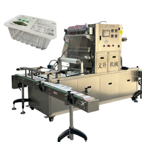 Mesin Pengemas Kertas/Film Minuman Premium 4 Stasiun Linear Tray Sealer Semi Otomatis Pneumatik Vakum Nitrogen CO2 Gas Flush