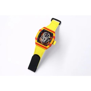 A high-end and fashionable men's <b>watch</b> with a visible dial and a carbon fiber <b>skeletonized</b> design in yellow and red - Product Image 4
