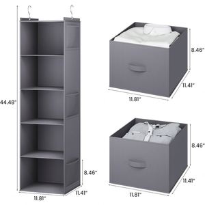 Foldable 5 Tier Hanging Closet <b>Shelf</b> Non-Woven Fabric Closet Organizer with Drawer &2 Strong <b>Hooks</b> Space Saving Wardrobe Storage - Product Image 2