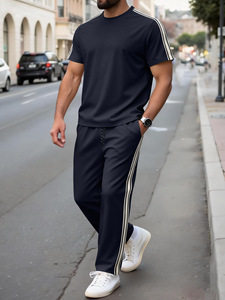 Nouvel ensemble décontracté et élégant 2 pièces pour <span class=keywords><strong>homme</strong></span>, style sportif, rayé, avec pantalon et t-shirt à manches courtes, en polyester/spandex, respectueux de l'environnement - Product Image 5