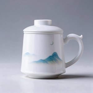 Taza de Porcelana de Oficina con Diseño de Paisaje Lunar de Montañas y Ríos, 450ml, con Tapa, Estilo Chino Moderno, Regalo Empresarial, Venta al Por Mayor - Product Image 1