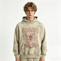 Sweat à capuche épais beige délavé style streetwear vintage Dirty Spray avec motif ORANGE JAM délavé au soleil pour homme et unisexe, vente en gros