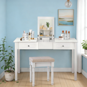 Bureau de maquillage avec dessus rabattable, 2 tiroirs et organisateur amovible, bureau de toilette pour chambre à coucher, bureau d'écriture pour filles et femmes, blanc - Product Image 1