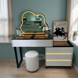 Modern <b>Makeup</b> Vanity <b>Table</b> <b>With</b> <b>Lighted</b> Mirror Storage Desk For Bedroom Furniture - Product Image 2