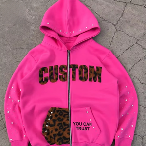 Custom 500gsm Gem Rhinestones <b>Hoodie</b> With <b>Leopard</b> <b>Print</b> Fur Embroidery Patch Screen <b>Print</b> Streetwear Zip Up Hoodies - Product Image 5