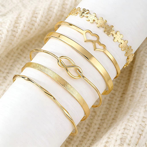 New Fashion 6pcs Gold Metal Geometric <b>Love</b> Letter Heart Tennis Open Charm Bangle Bracelet Set for Women Jewelry Punk Style - Product Image 5