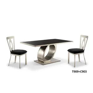 Modern şık zarif mutfak mobilyası Glamour siyah temperli cam gümüş Metal büyük kare yemek masası ve sandalye