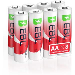 EBL Paquete de 8 Pilas AA Recargables de Litio de 1.5V 3000mWh, Doble AA, Más de 1600 Ciclos de Recarga, Paquete de Iones de Litio de Larga Duración - Product Image 1