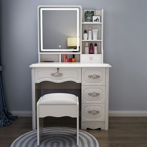 Tocador Moderno Blanco con Espejo LED, Mesa de Maquillaje con Cajones de Almacenamiento y Taburete - Product Image 4