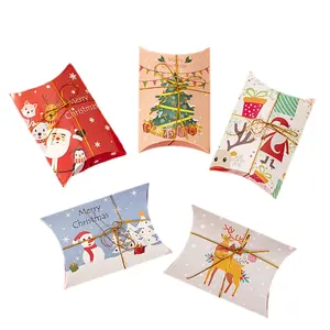 Hot Sell Santa Snowman Kraft Paper Pillow Box Candy Cookie Treat Merry Christmas Favor Gift Boxes For Food Packaging