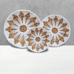 Set of 3 Boho Woven <b>Wall</b> Baskets White and Natural Seagrass Sunburst Decorative <b>Wall</b> <b>Plates</b> Handmade Hanging Decor - Product Image 1