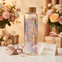 Botella de Agua de Vidrio con Estampado Floral de 550 ml con Tapa de Madera, Logotipo Personalizado, Venta al por Mayor