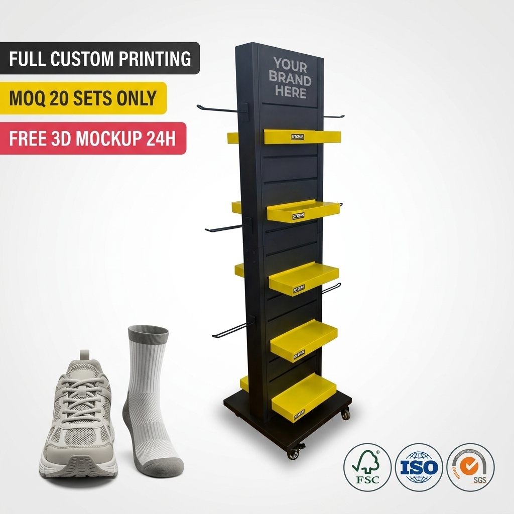 Wholesale Custom Metal Shoes Display Rack Floor Standing Workwear Boots Socks Sneaker Tower Stand Hooks Slatwall Retail Fixture
