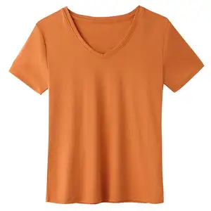 Custom Shirt Multi-color V-neck Cotton Women&#39;s T-shirt High Quality Wholesale Fashion Casual Print Pattern Knitted Regular