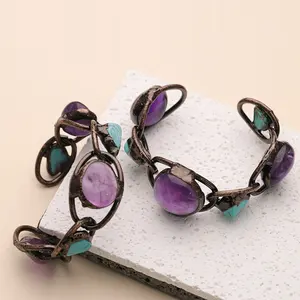 2024 New arrivals Vòng đeo tay Antique Bronze mạ Hàn Bangle tự nhiên thạch anh tím Turquoise Cuff Bangle cho phụ nữ cô gái đồ trang sức