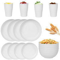 Ensemble de vaisselle en paille de blé blanche et plastique PP, compatible micro-ondes, comprenant assiette, bol à soupe et tasse à eau - Pour la maison et l'extérieur