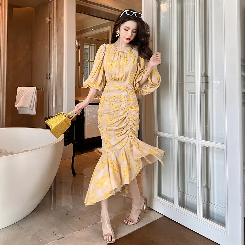 5925 Yellow Floral Allover Puff Sleeve High Waist Ruched Chiffon Dress Women Fashion Holiday Party Asymmetrical Fishtail Dresses