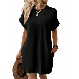Nouvelle Collection Printemps/Été – Robe Décontractée Ample à Col Rond et Manches Chauve-Souris Unie pour Femme, en Polyester et Spandex, Coupe Trapèze, avec Poches (ODM) - Product Image 2