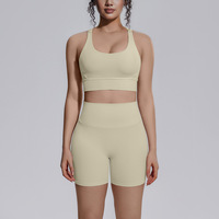 Set Yoga 2 Potong Wanita YZ Motif Kotak-kotak Bernapas dengan Tali Model Y, Bra Olahraga Pinggang Tinggi & Celana Pendek Bahan Spandex/Nylon Ukuran XL