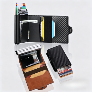 Portefeuille fin pour <span class=keywords><strong>homme</strong></span> en <span class=keywords><strong>cuir</strong></span> PU avec fermeture à bouton d'éjection en aluminium, protection RFID, pour cartes de visite - Product Image 4