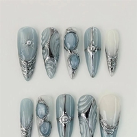 Uñas Postizas 3D con Diseño Floral de Ojo de Gato, Uñas Acrílicas de Verano con Diseño de Conchas Marinas Azules, Uñas Postizas Largas de Estilo Stiletto, Uñas Postizas de Cobertura Completa
