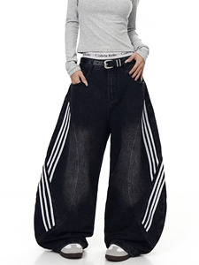 JL Blacklists Y2K Hip Hop American Retro Jeans de Mezclilla de Talle Medio, Estilo Recto, Lavado Desgastado, con Parches a Rayas, Estilo Scimitar, 100% Algodón Pesado - Product Image 3