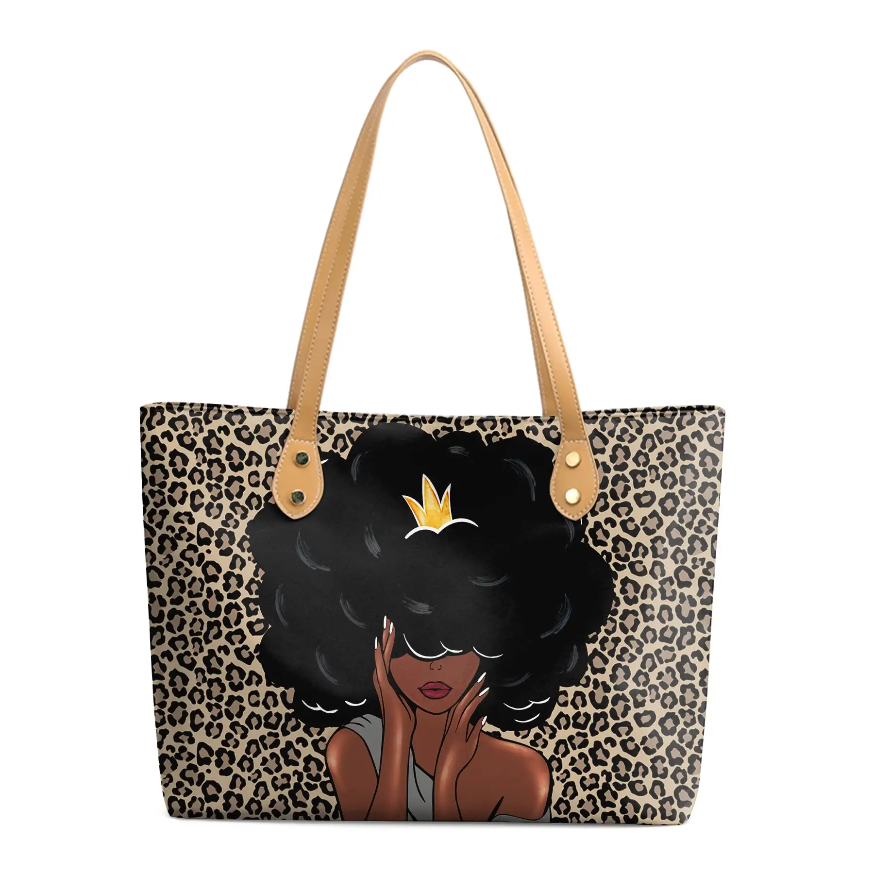 JAKIJAYI Cartoon Leopard Print Cartoon Black Women Fashion African American Handbags Beach Tote Bag with Inside Pocket