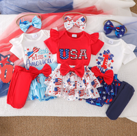 Tenue pour bébé fille, 4 pièces, barboteuse à manches courtes, jupe à volants, chaussettes, bandeau à nœud, ensemble Costume du jour de l'indépendance pour nouveau-né