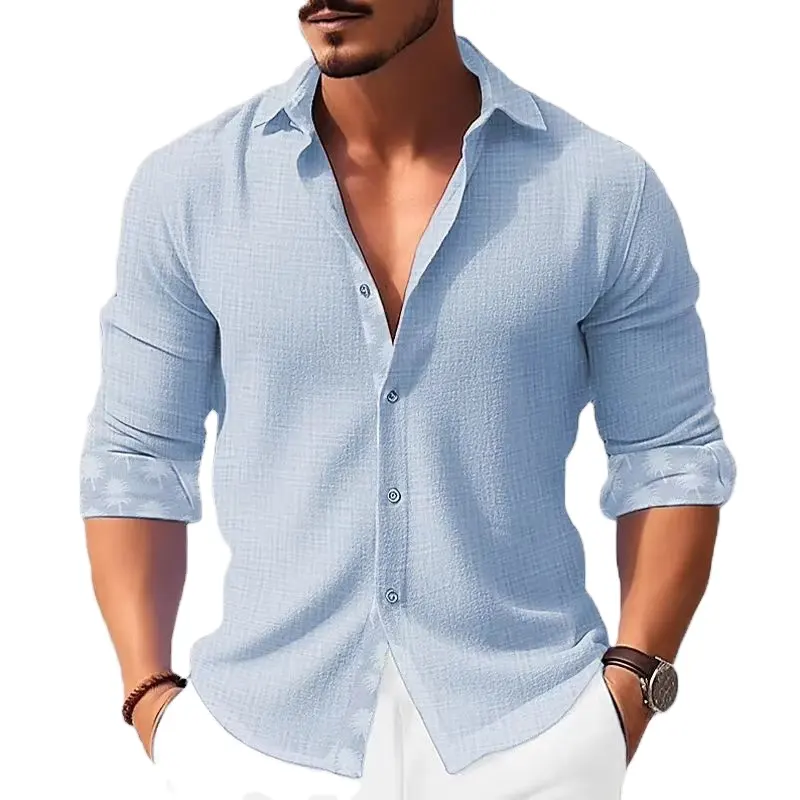 2024 नई थोक ग्रीष्मकालीन कस्टम लंबी आस्तीन शर्ट खाली पॉलिएस्टर 3 डी प्रिंट पुरुषों के लिए नई शैलियों समुद्र तट छुट्टी लिनन शर्ट